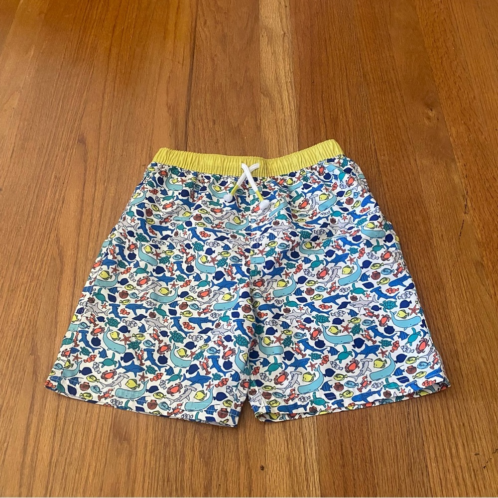 Mini Boden Blue Yellow Multi Shark Print Swim Trunks